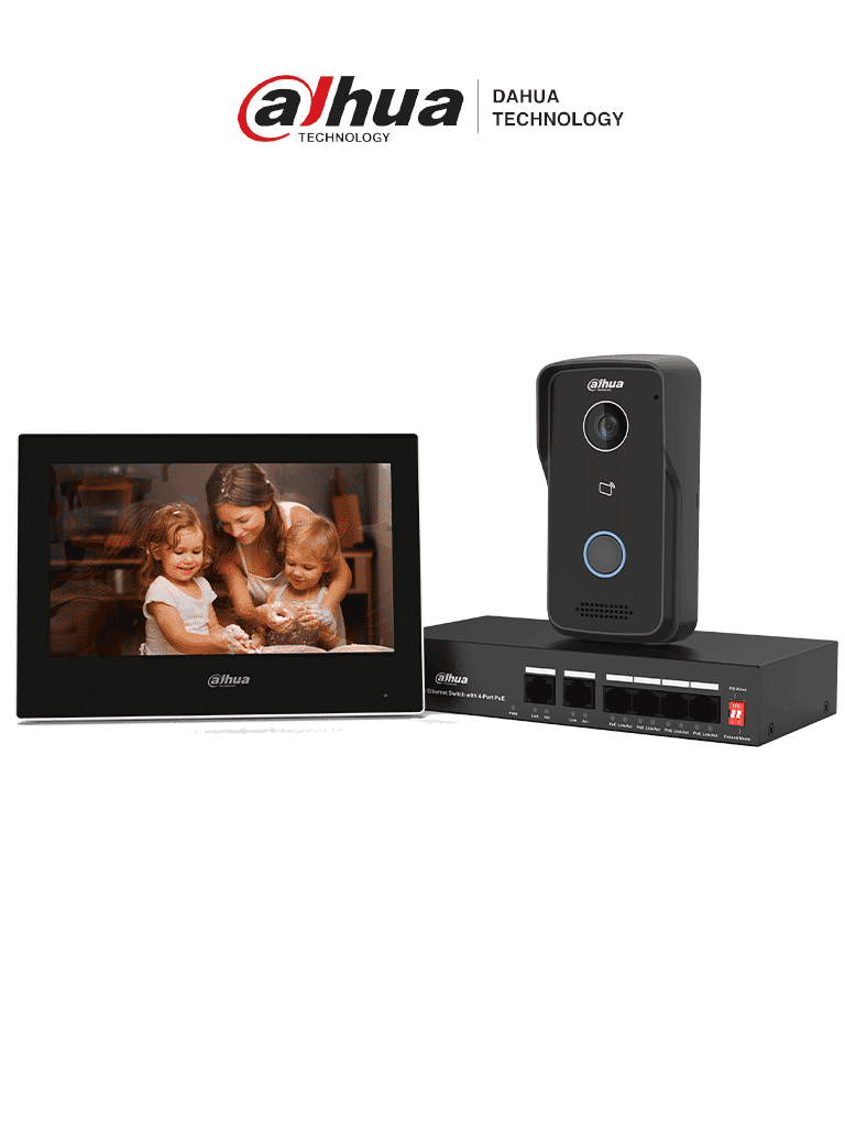 [DHI-KTP03] DAHUA DHI-KTP03 - Kit de Videoportero: Monitor de 7", frente de calle IP65 con visión IR, apertura remota, y control de 1 puerta. Incluye switch PoE de 4 puertos 10/100 y 2 puertos uplink. Protección y acceso inteligente en un solo sistema.