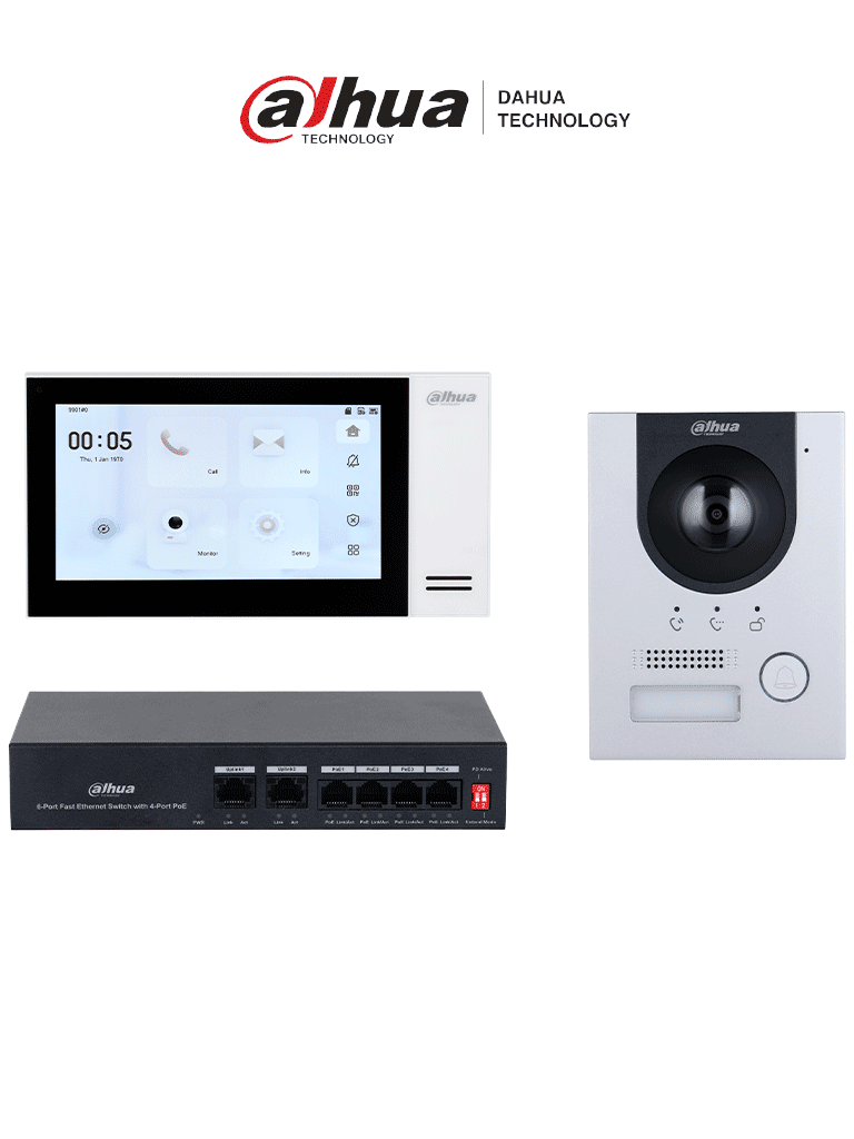 DAHUA KTP01L(S)-Kit de Videoportero IP con Frente de Calle Metálico Antivandálico y cámara de 2MP. Incluye monitor táctil de 7", ranura SD, control de puerta, E/S de alarmas, y switch PoE d 6 puertos, 36W Ideal para seguridad avanzada #HotSaleDHVDP #VPHS