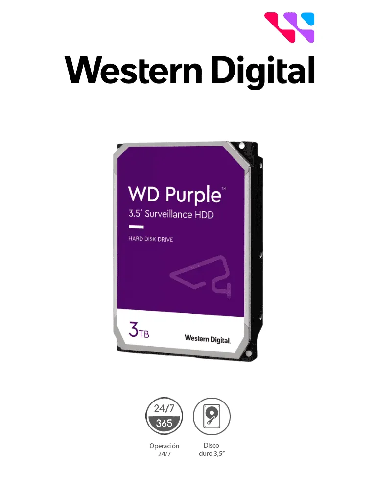 [WD34PURZ] WESTERN WD34PURZ - Disco Duro de 3TB Purple/ Especial para Videovigilancia/ Trabajo 24/7/ Interface: Sata 6 Gb/s/ Hasta 64 Cámaras/ Hasta 16 Bahías de Discos Duros/ 3 Años de Garantía / 6Gb/s