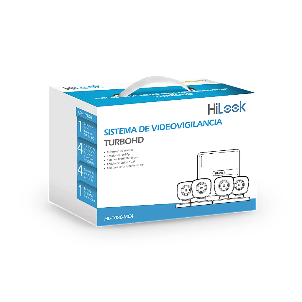 [HL-1080-MC4] KIT TurboHD 1080p / DVR 4 canales / 4 Cámaras Bala de Metal / H.265+ / 1 Fuente de Poder Profesional / Accesorios de Instalación