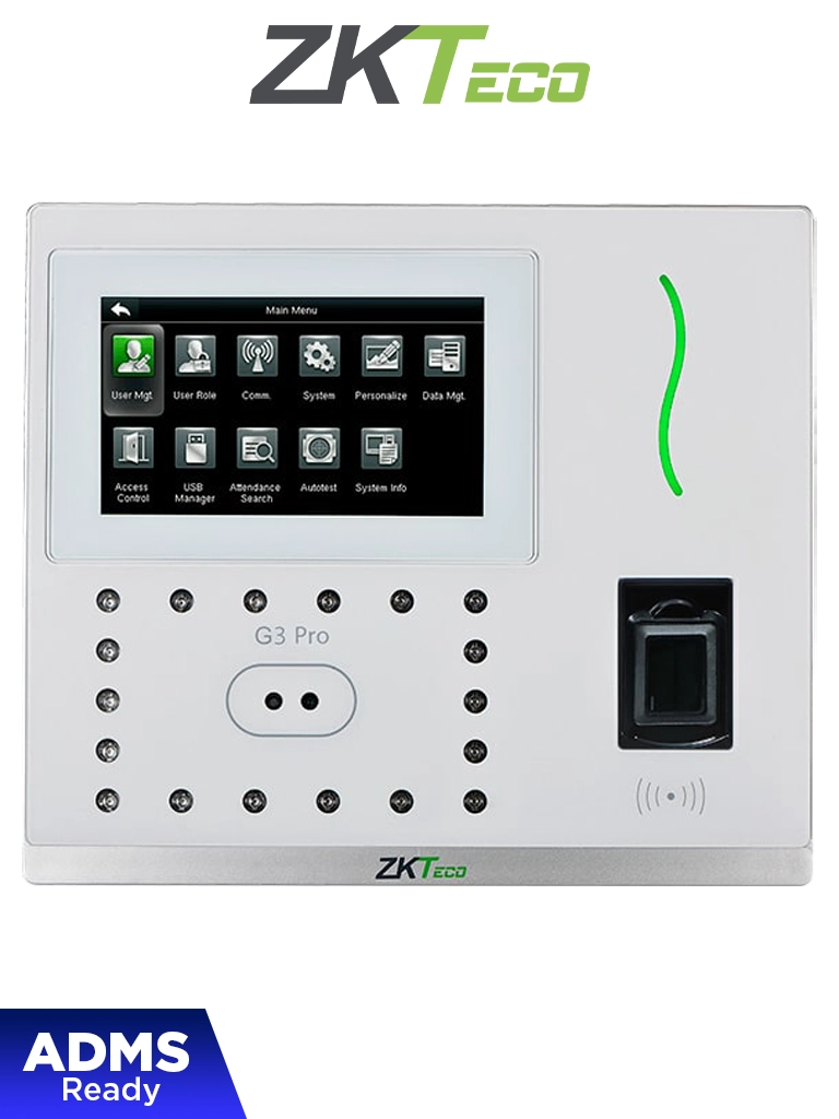[G3 Pro] ZKTECO G3PRO -Control de Asistencia y Acceso con Autenticación Facial (12000 Rostros), Huella Digital BioID+ (20000), Tarjeta ID 125 KHz (20000), Verificación Palma (6000), Registro de 200,000 Eventos, Green Label y TCP/IP #MCI2 #NovZK2 #BlackZK