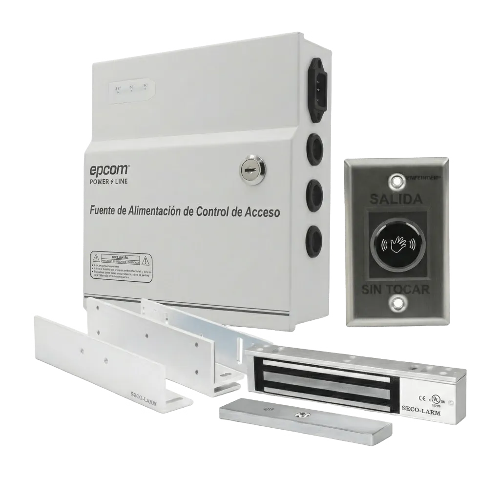 Kit para Control de Acceso Incluye Fuente de 12VCD / Soporta Batería de Respaldo/ Chapa Magnética de 600Lbs / Montajes L y Z / Botón de salida / Certificación UL y ETL