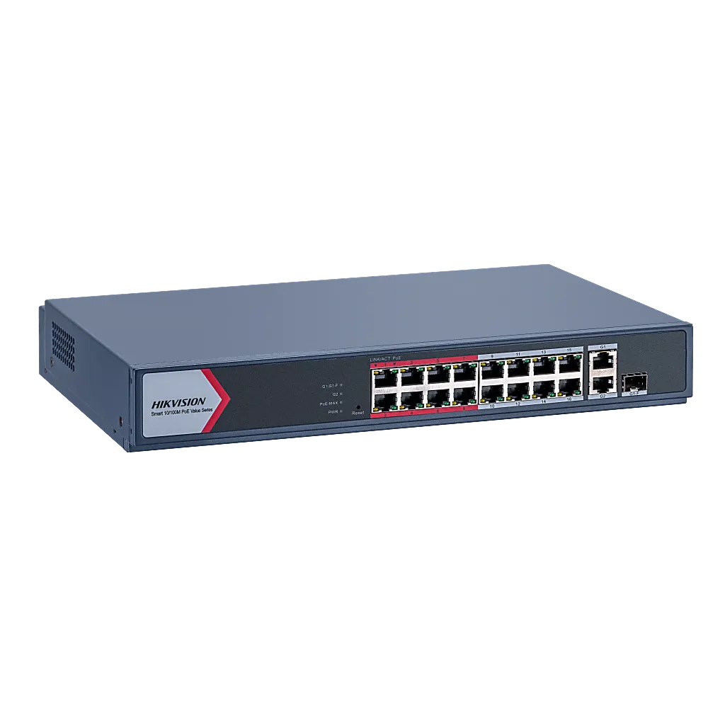 DS-3E1318P-EI/M Switch PoE+ / Monitoreable / 16 Puertos 10/100 Mbps PoE+ / 2 Puertos 1000 Mbps Uplink / 1 Puerto SFP Uplink / Modo Extendido hasta 300 Metros / 130 W