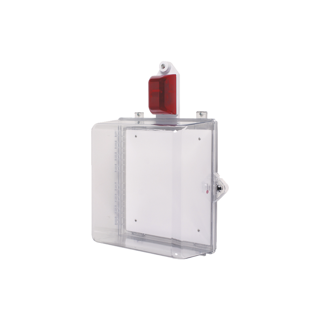 [STI-7535] Gabinete Mediano de Policarbonato Transparente Súper Resistente con Sirena/Estrobo y Cerradura Manual