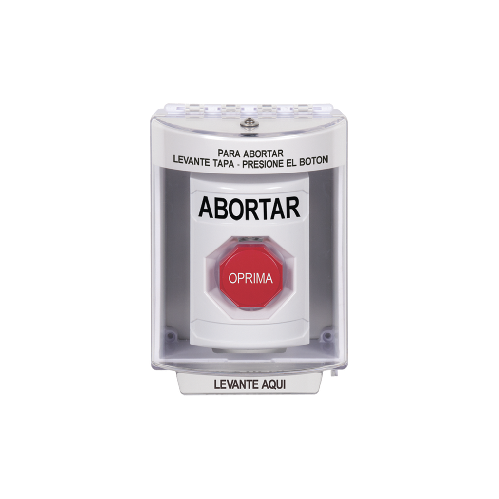 [SS2382AB-ES] Botón de Abortar, Bocina de Advertencia Integrada, Texto en Español, Tapa Protectora de Policarbonato Súper Resistente con Espaciador, Restablecimiento con Llave