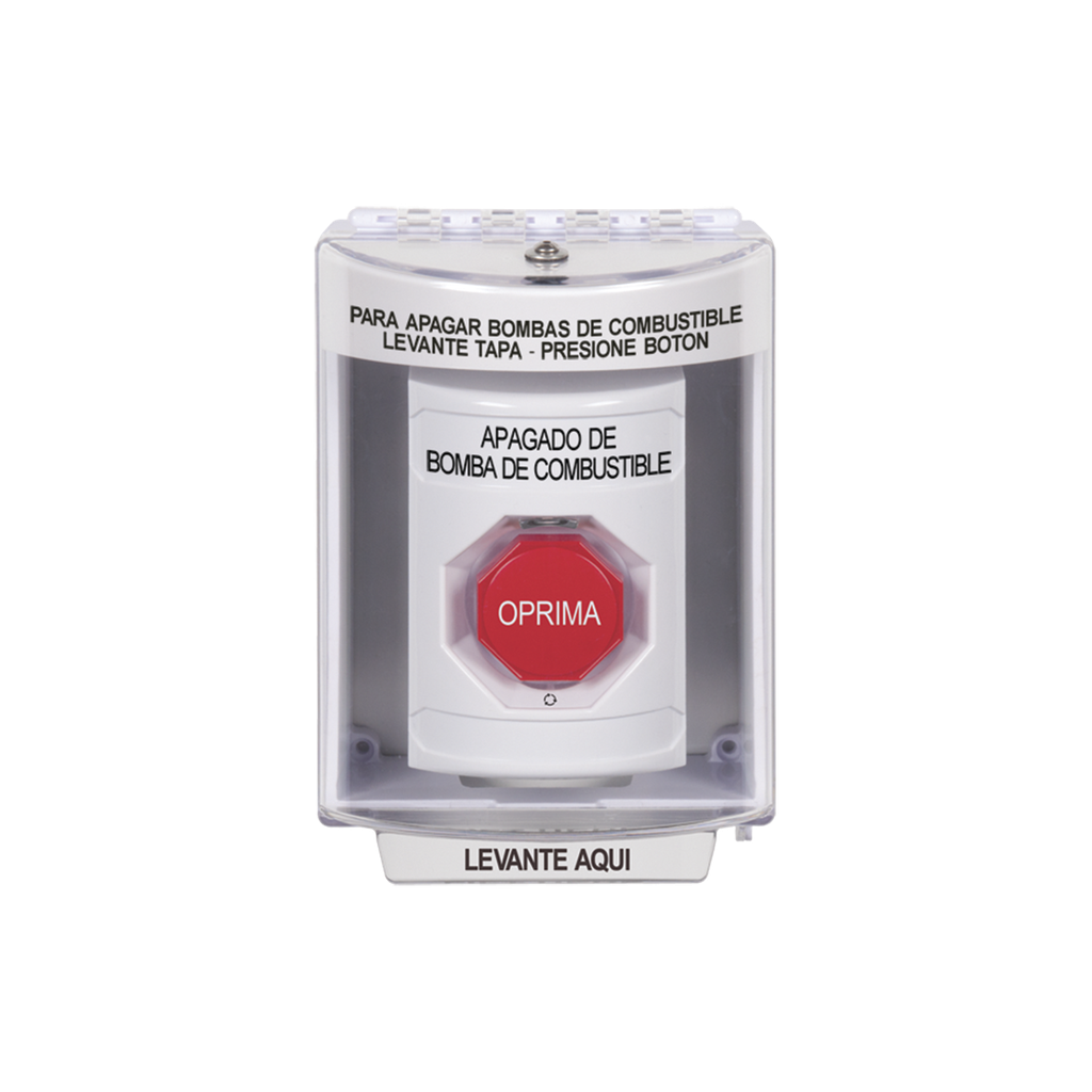 [SS2-389-PS-ES] Botón de Apagado de Bomba de Combustible, Tapa Protectora de Policarbonato Súper Resistente con Espaciador, Acción Mantenida , Texto en Español