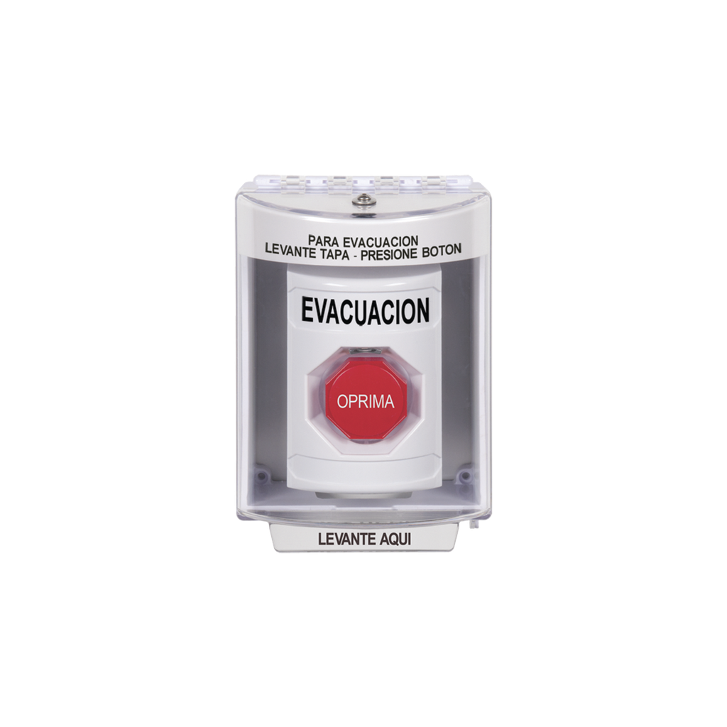 Botón de Evacuación, Cubierta de Policarbonato Súper Resistente de Superficie con Espaciador, Restablecimiento con Llave, Con Bocina de Advertencia