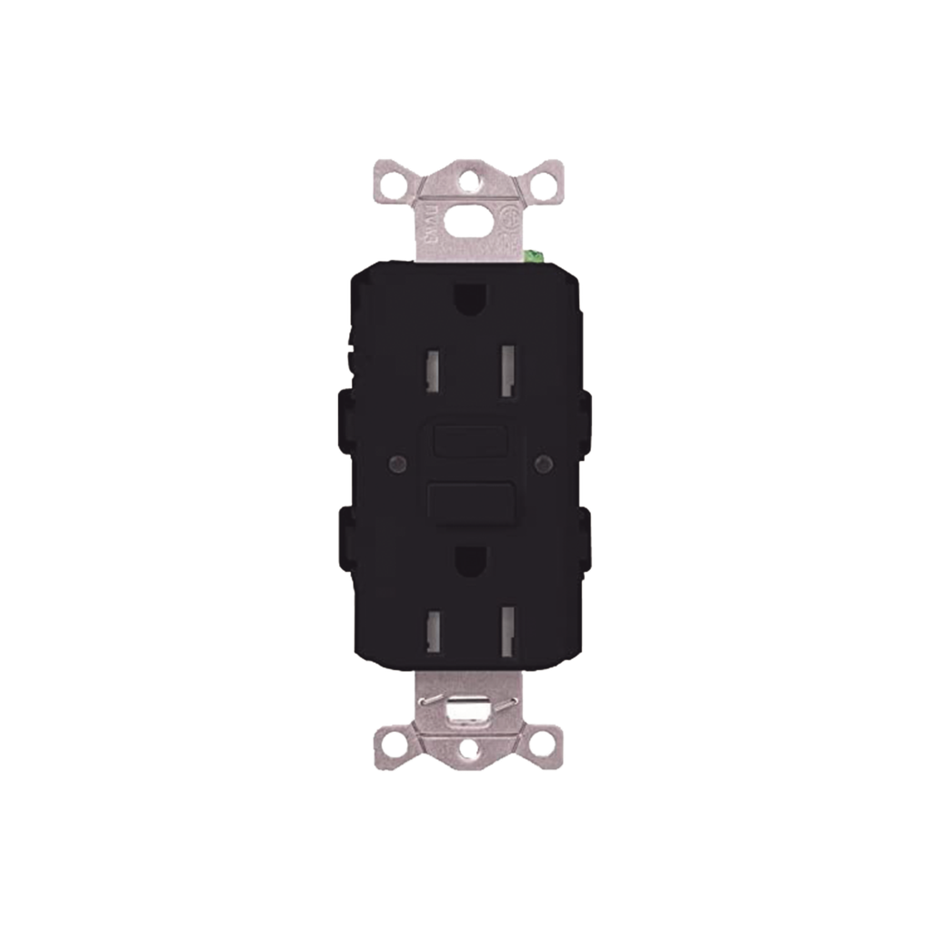 Tomacorriente 125V 15A resistente a manipulaciones, color negro.