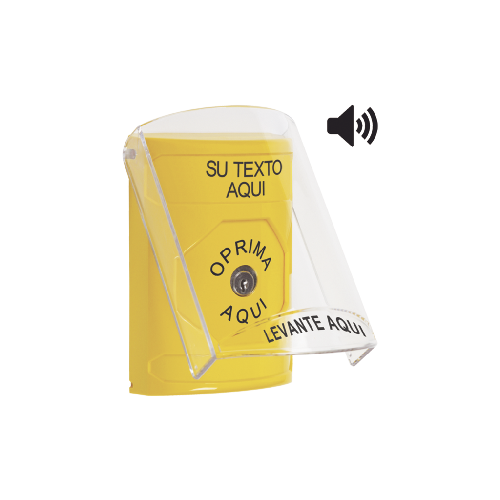 [SS2-2A0-ZA-ES] Botón con Texto Personalizado, Tapa Protectora de Policarbonato Súper Resistente, Bocina integrada, Llave para Restablecer
