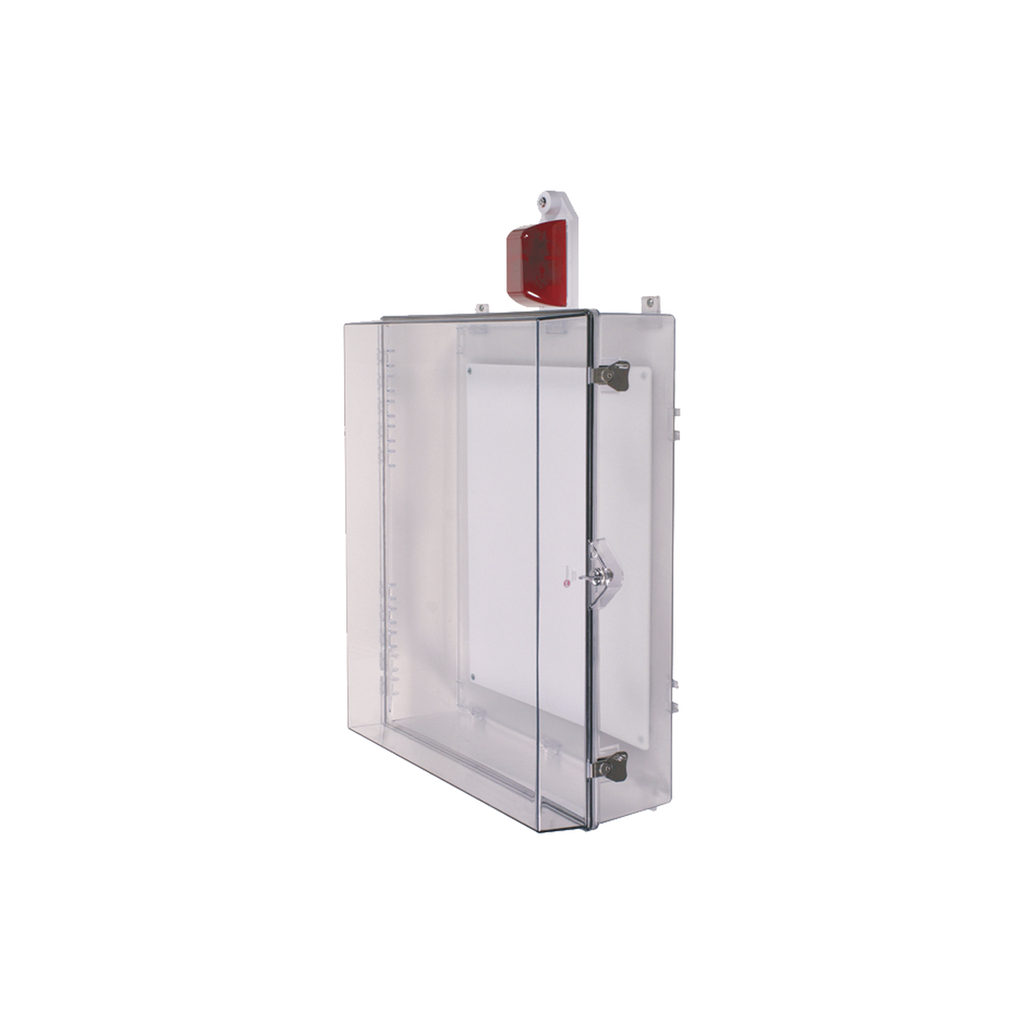[STI-7554] Gabinete Grande de Policarbonato Transparente Súper Resistente con Sirena/Estrobo y Cerradura con Llave