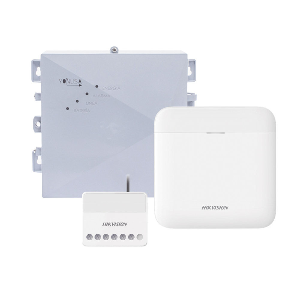 [DS-PWA48-SYSNG] (AX PRO + YONUSA) KIT de Alarma AX PRO / Incluye: 1 Hub con bateria de respaldo / 1 Energizador 2500Mts Lineales / 1 Relevador  0 a 36 Vcc (Max. 5 A) con Entrada de Alarma 27/7