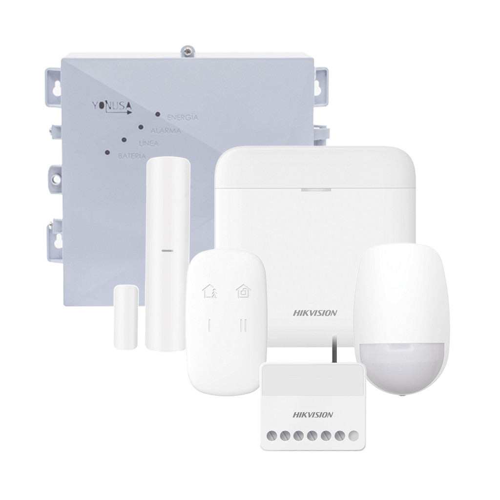 [DS-PWA48K-SYSNGV2] (AX PRO + YONUSA) KIT de Alarma AX PRO / Incluye: 1 Hub con bateria de respaldo / 1 Energizador 2500Mts Lineales / 1 Relevador 0 a 36 Vcc (Max. 5 A) con Entrada de Alarma 27/7 / 1 Keyfob / 1 PIR Interior / 1 Magnético