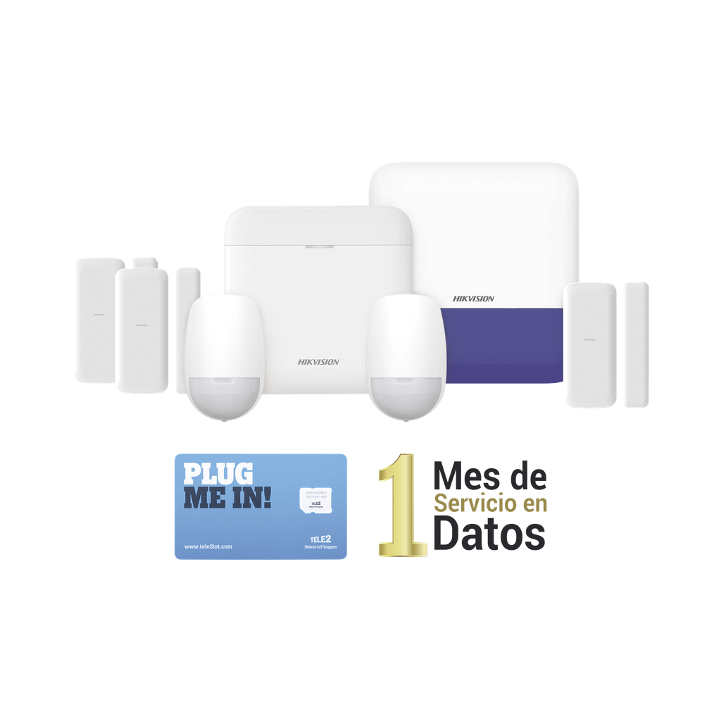 DS-PWA48-KSDV2 (AX PRO) KIT de Alarma AX PRO con GSM (3G/4G) / Incluye: 1 Hub / 2 Sensores PIR / 3 Contactos Magnéticos mini / 1 Control Remoto / 1 Sirena Inalambrica Exterior  / 1 WiFi / 1 MICROSIM30M2M con 1 mes de servicio/Compatible con Hik-Connect P2P
