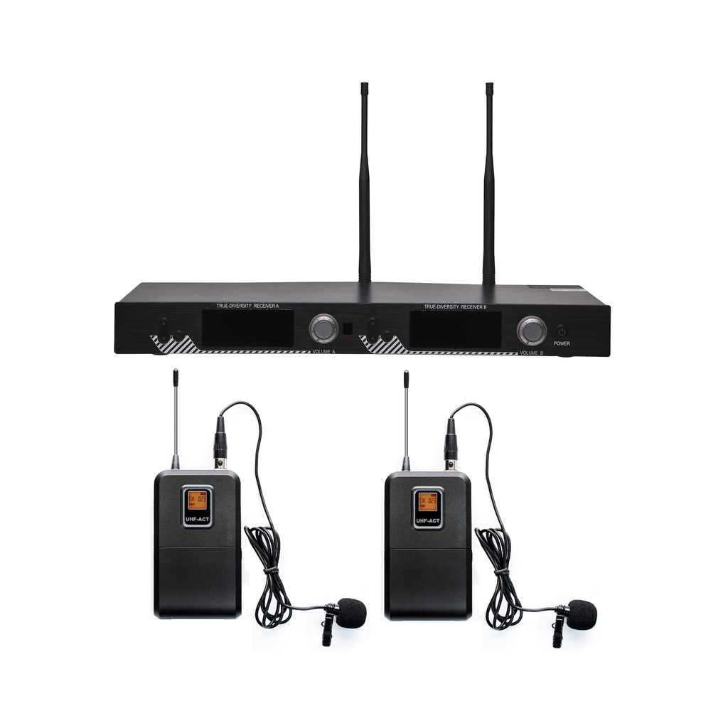 [EP521UL] EP521UL Kit de Microfonía inalámbrico | 2 Micrófonos de Lavalier | Receptor UHF | Pantalla LCD | 200 Canales | Gran cobertura