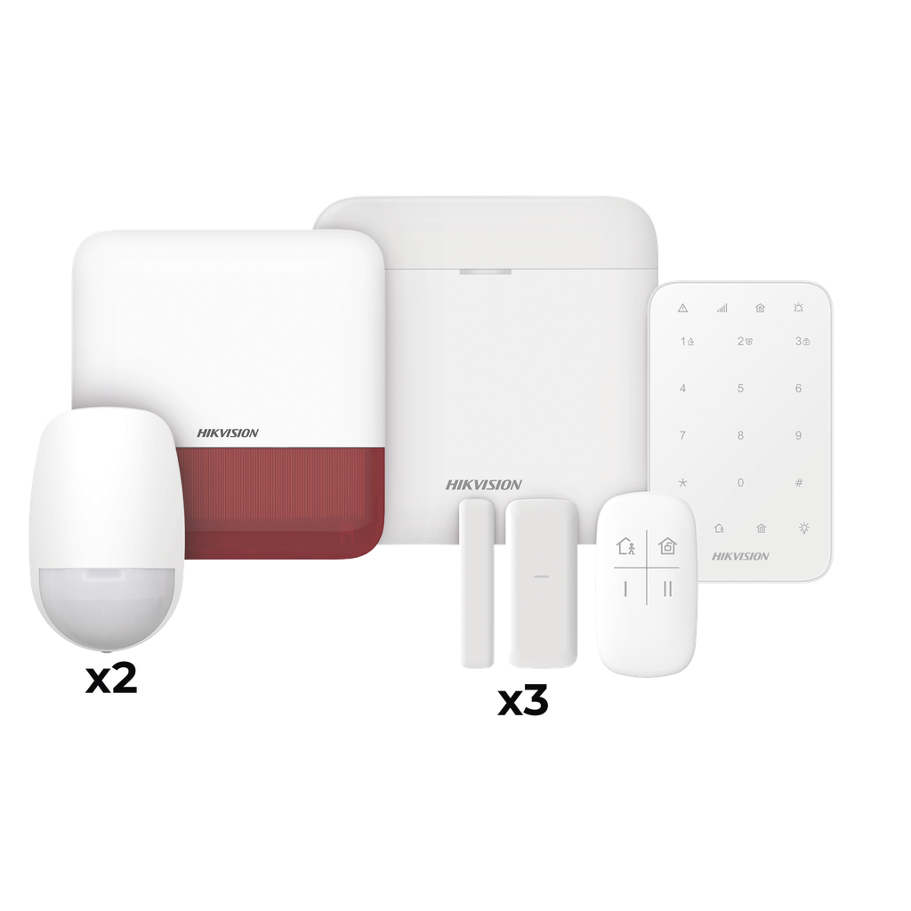 (AX PRO) KIT de Alarma AX PRO / Incluye: 1 Hub / 2 Sensores PIR / 3 Contactos Magnéticos mini / 1 Control Remoto / 1 Sirena Estrobo en color Rojo Inalámbrica Exterior /1 Teclado Inalámbrico / Wi-Fi / Compatible con Hik-Connect P2P