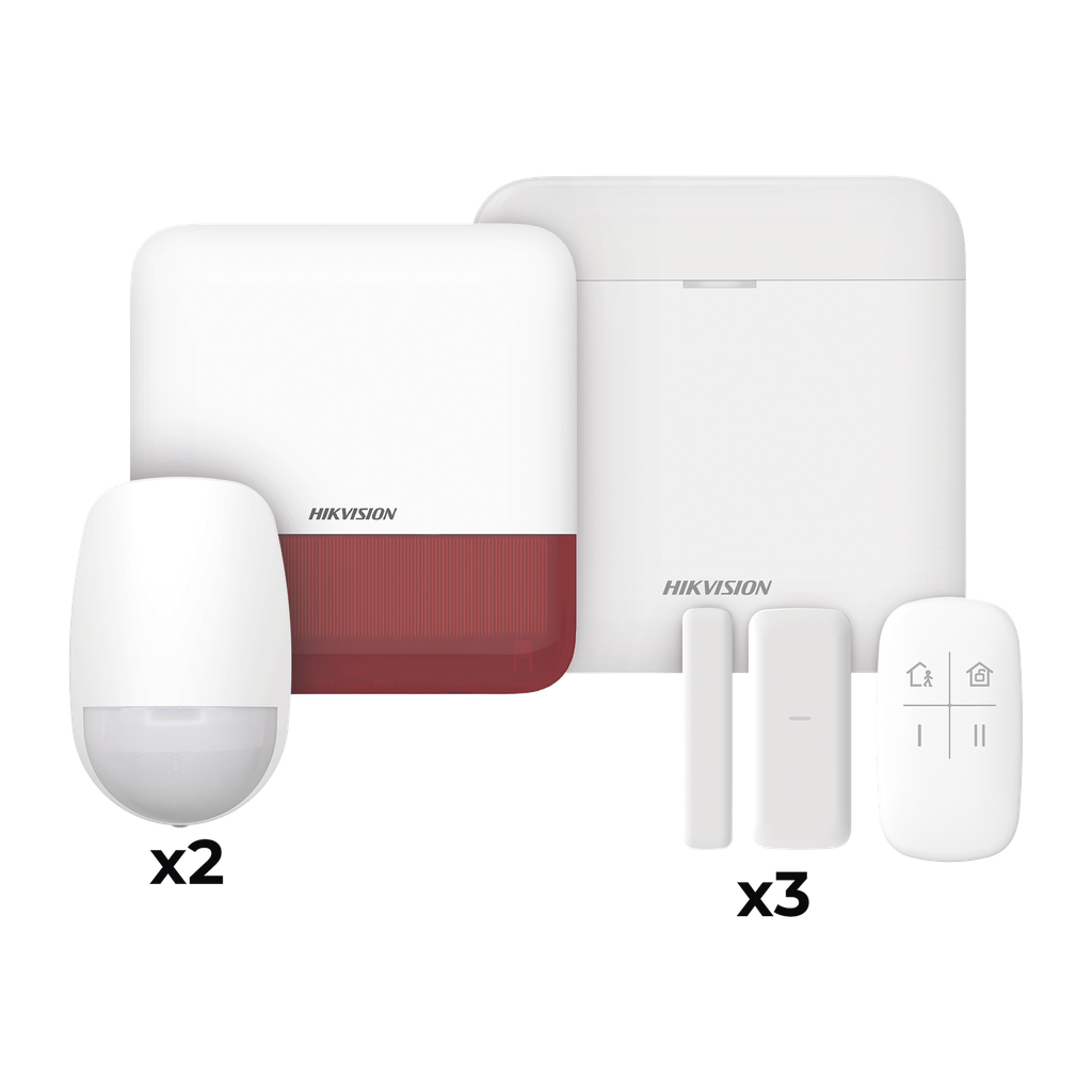 DS-PWA48-KSV2(R) (AX PRO) KIT de Alarma AX PRO con GSM (3G/4G) / Incluye: 1 Hub con bateria de respaldo / 2 Sensores PIR / 3 Contactos Magnéticos mini / 1 Control Remoto / 1 Sirena estrobo Roja Inalambrica Exterior  / WiFi / Compatible con Hik-Connect P2P