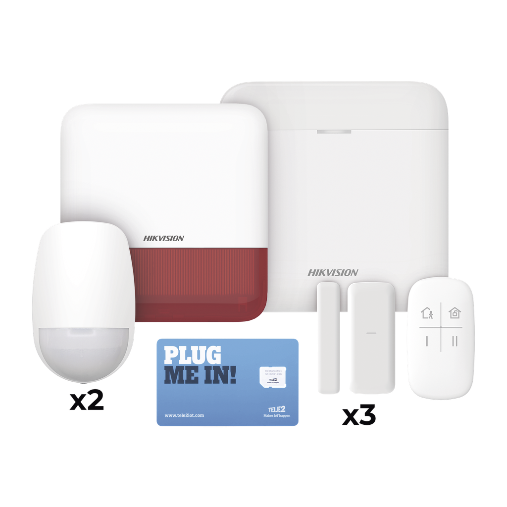 [DS-PWA48-KSDV2(R)] (AX PRO) KIT de Alarma AX PRO con GSM (3G/4G), Wi-Fi y Ethernet / Incluye: 1 Hub  con batería de respaldo / 2 Sensores PIR / 3 Contactos Magnéticos Slim / 1 Control Remoto / 1 Sirena Roja Inalambrica Exterior