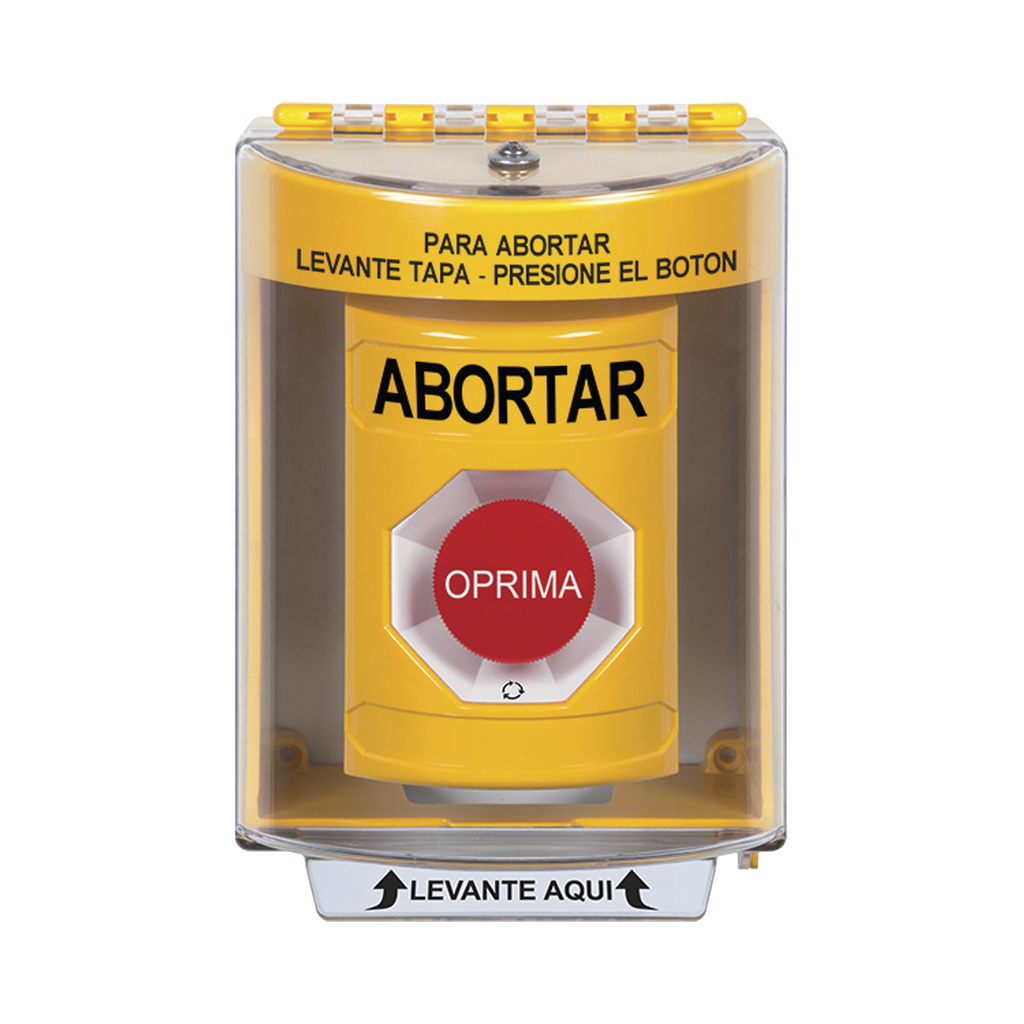 [SS2281AB-ES] Botón de Abortar, Texto en Español, Tapa Protectora de Policarbonato Súper Resistente, Girar para restablecer