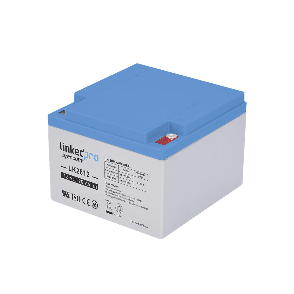 [LK2612] Batería 12 V / 26 Ah / UL / Tecnología AGM / Vida útil promedio de 5 años /Para uso en equipo electrónico, Alarmas de Intrusión / Incendio/ Control de acceso / Video Vigilancia / Terminales M5