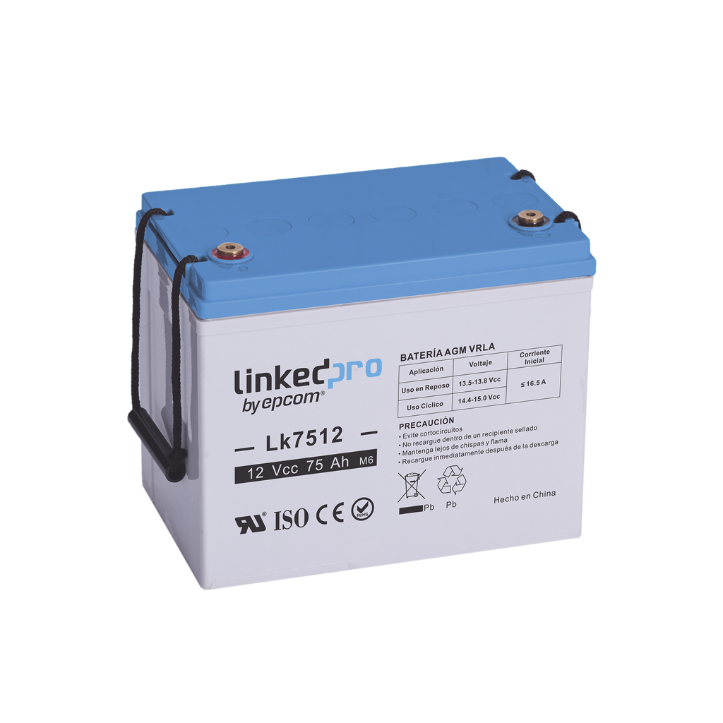 [LK7512] Batería 12 Vcc / 75 Ah / UL / Tecnología AGM-VRLA / Vida útil promedio de 5 años / Para uso en equipo electrónico / Sistemas de emergencia y aplicaciones fotovoltaicas Terminales T3
