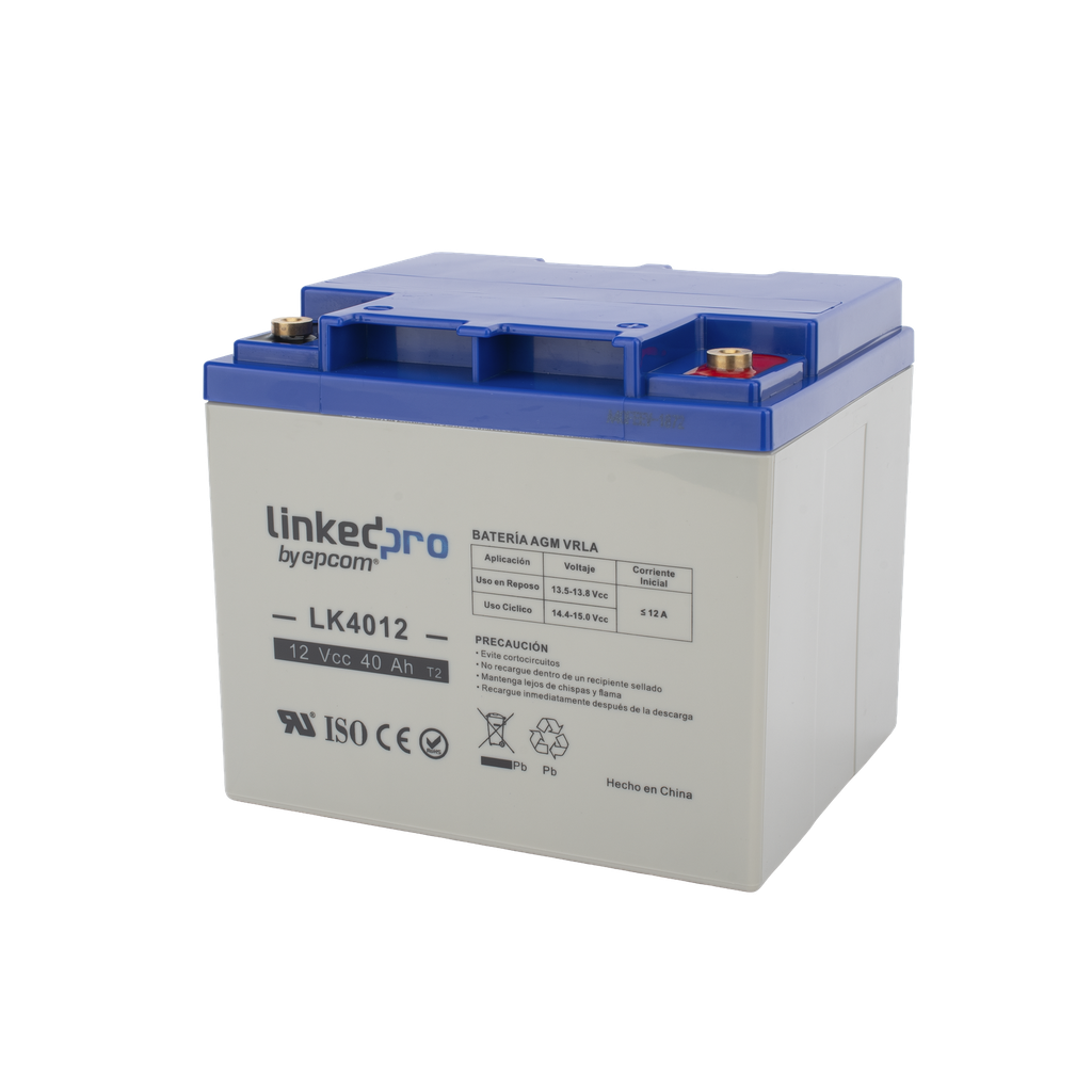[LK4012] Batería 12 V / 40 Ah / UL / Tecnología AGM / Para uso en equipo electrónico, Alarmas de Intrusión / Incendio/ Control de acceso / Video Vigilancia / Terminales T2