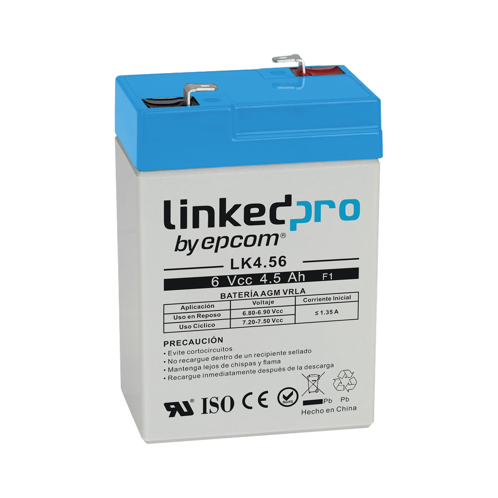 [LK4.56] Batería 6 V / 4.5 Ah / UL / Tecnología AGM / Vida útil promedio 5 años / Para uso en equipo electrónico, Alarmas de Intrusión / Incendio/ Control de Acceso/ Video Vigilancia / Terminales F1 ( Incluye adaptador F2
