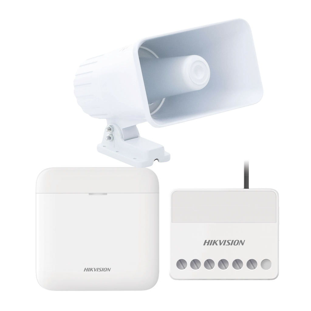 [AXPRO-KIT-SIRENA-C] (AXPRO) KIT de alarma AX PRO con sirena cableada 30W / Incluye: 1 Hub con Batería de respaldo / 1 Sirena Cableada de 30 Watts IP65 / 1 Relevador Inalámbrico 0 a 36 VCC / Compatible con Hik-Connect P2P