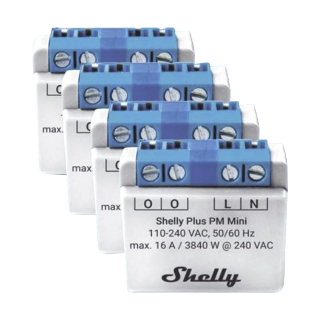[SHELLYPLUSPMMINIK4] KIT 4 piezas El medidor de potencia más pequeño, inteligente con Wi-Fi, medición de consumo, 1 canal 16A,