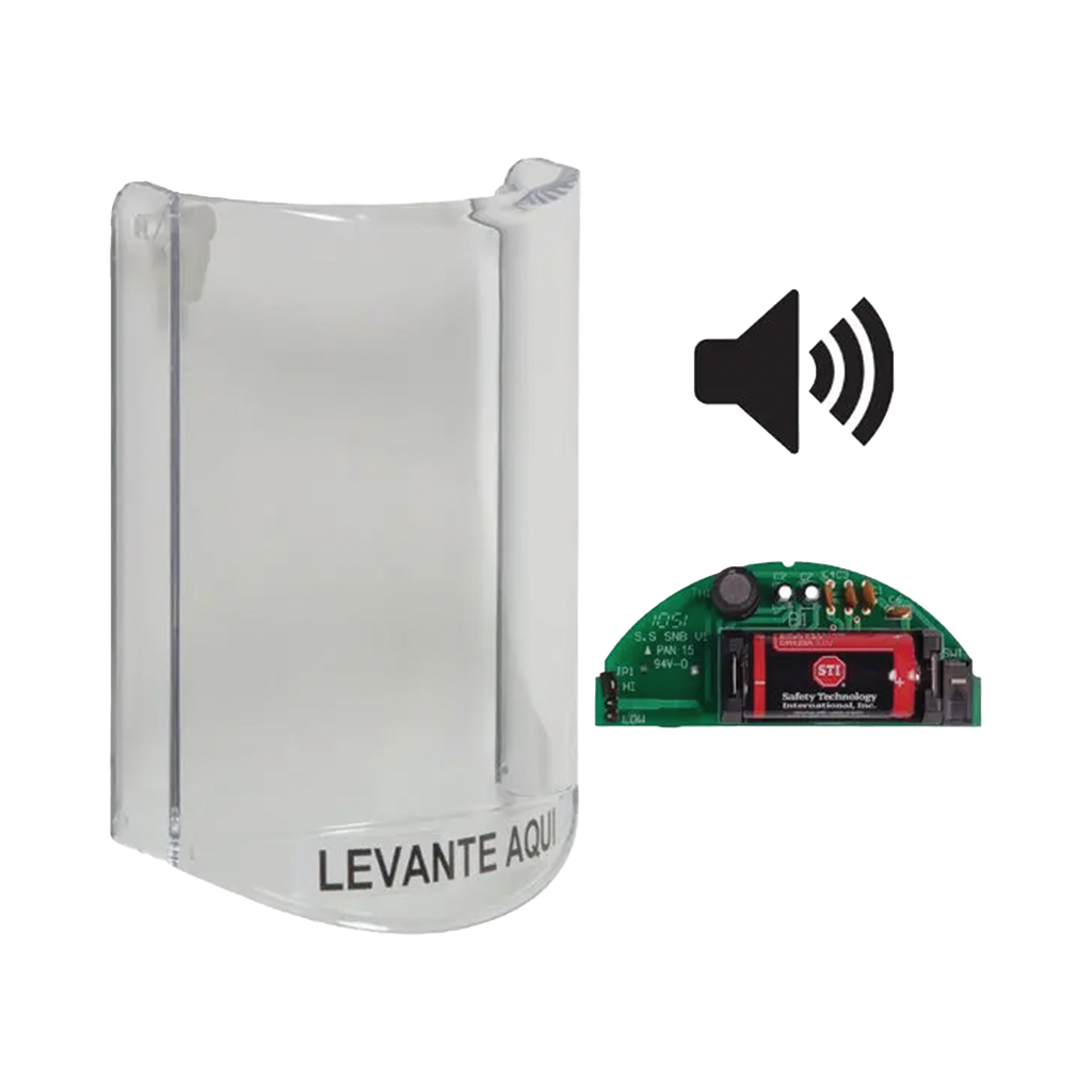 [STI-6517A-ES] Cubierta Protectora De Policarbonato, Súper Resistente, Con Sonido, Texto En Español, Para Botones Multiusos Serie Stopper® Station De STI