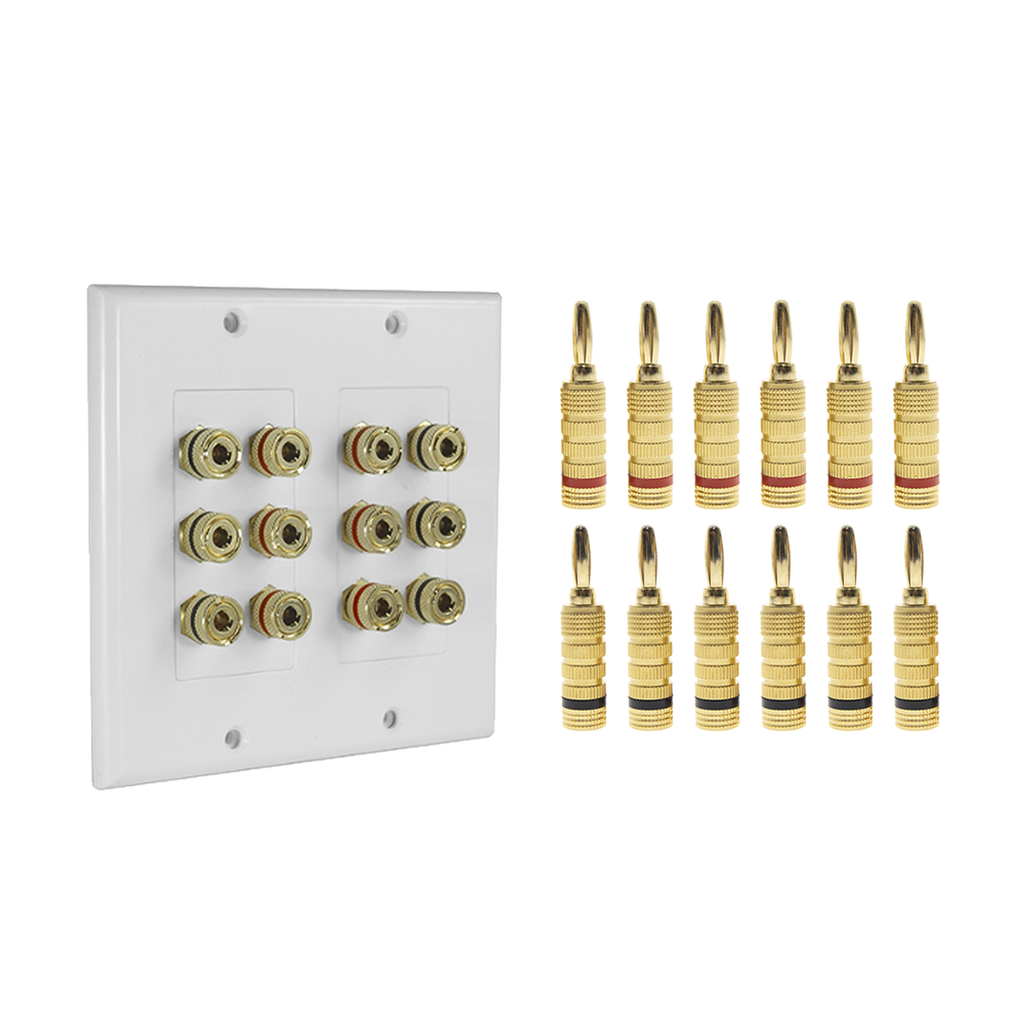 [EP-WP6S-KIT] EP-WP6S-KIT KIT 1 Placa de Pared + 6 Pares Conectores Banana (Rojo+Negro) | Postes de Unión Tipo Banana | Conexión para 6 Altavoces | Fácil Instalación | Conectores Chapados en Oro