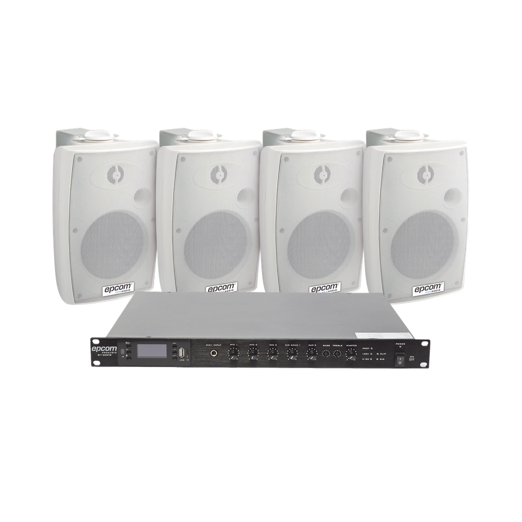 [SF120DTB/4WSW] KIT de Amplificador de Audio 120W para Rack | 4 Altavoces de Pared color Blanco 2.5W - 20W | Sistema 70/100V