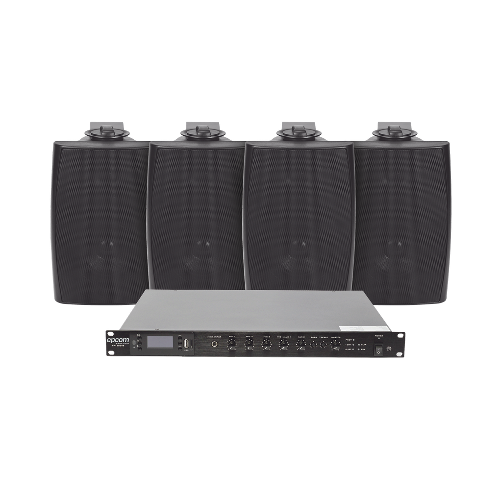 [SF120DTB/4WS] KIT de Amplificador de Audio 120W para Rack | 4 Altavoces de Pared color Negro 2.5W - 20W | Sistema 70/100V