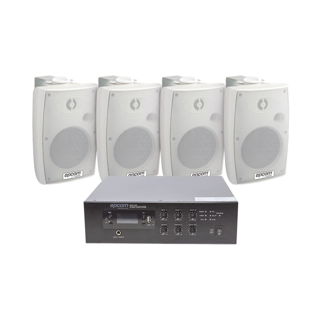 SFB120/4WSW KIT de Amplificador de 120W para Escritorio | 4 Altavoces de Pared color Blanco 2.5W - 20W | Sistema 70/100V