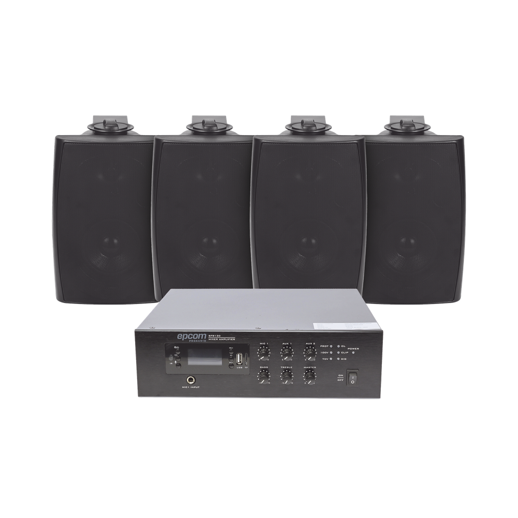[SFB120/4WS] KIT de Amplificador de 120W para Escritorio | 4 Altavoces de Pared color Negro 2.5W - 20W | Sistema 70/100V