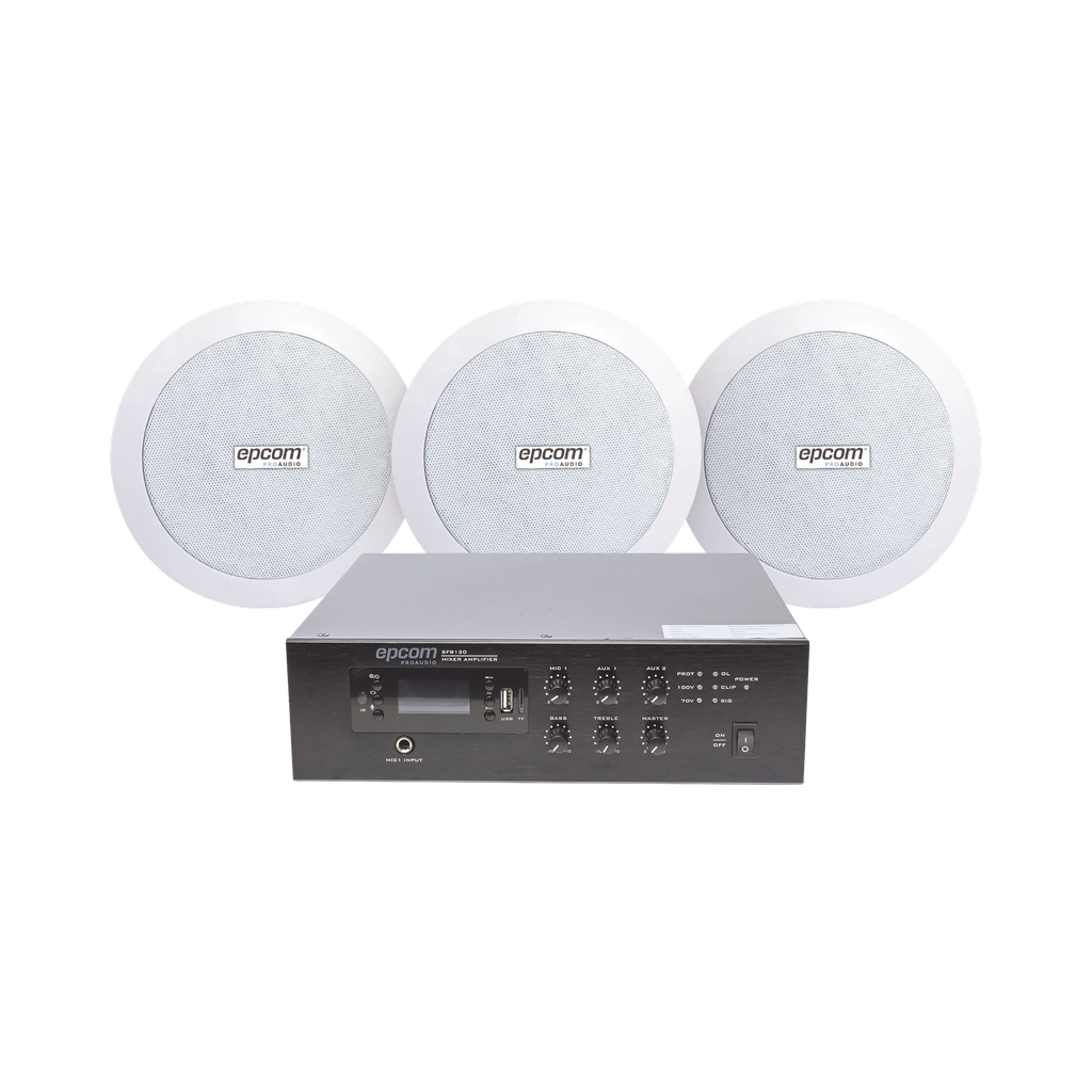 SFB120/3CS KIT de Amplificador de 120W para Escritorio | 3 Altavoces de Plafón de 5.5in | 3.75 - 30W | Sistema 70/100V
