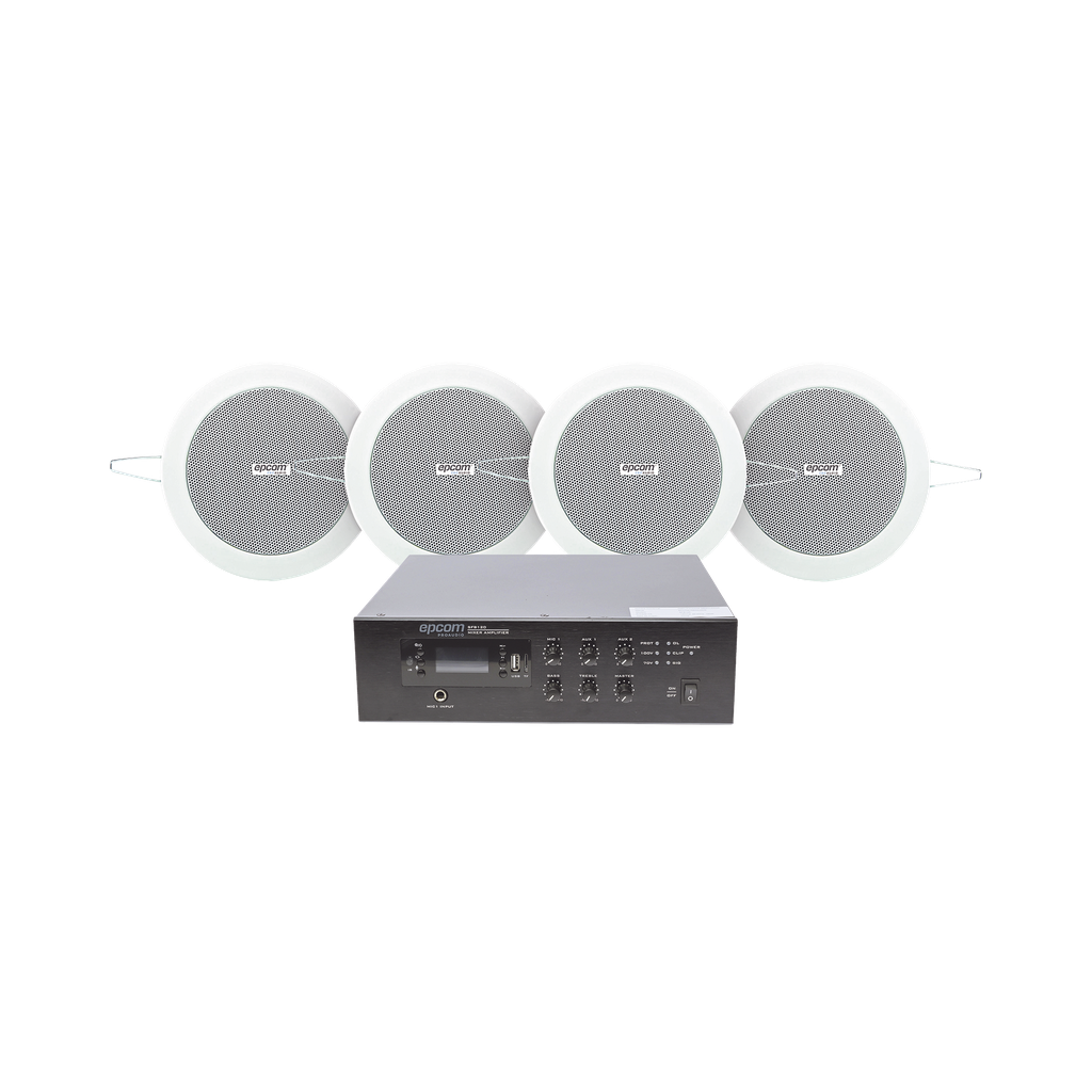 SFB120/4CS KIT de Amplificador de 120W para Escritorio | 4 Altavoces de Plafón de 4in | 3 - 6W | Sistema 70/100V
