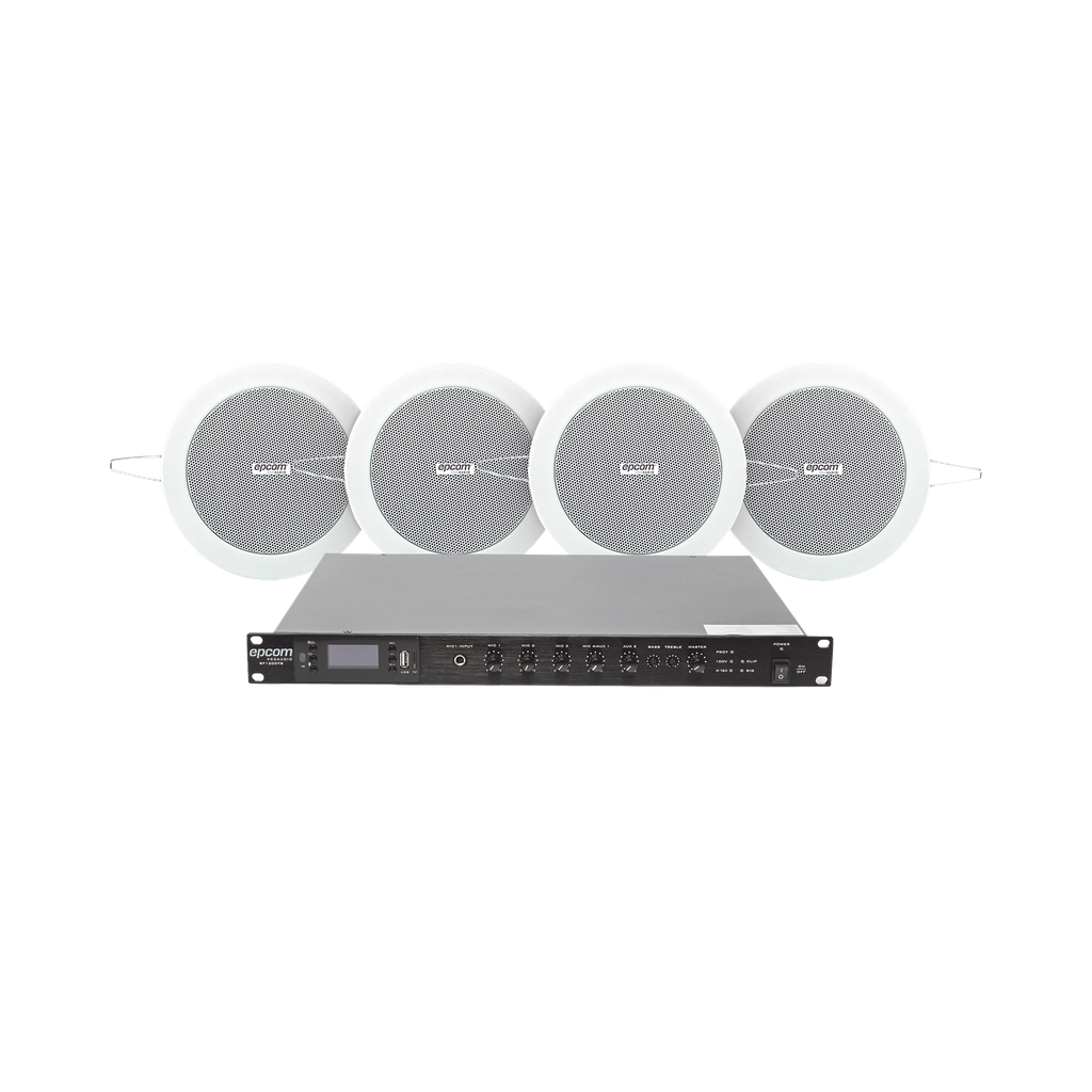 SF120DTB/4CS KIT de Amplificador de 120W para Rack | 4 Altavoces de Plafón de 4in | 3 - 6W | Sistema 70/100V