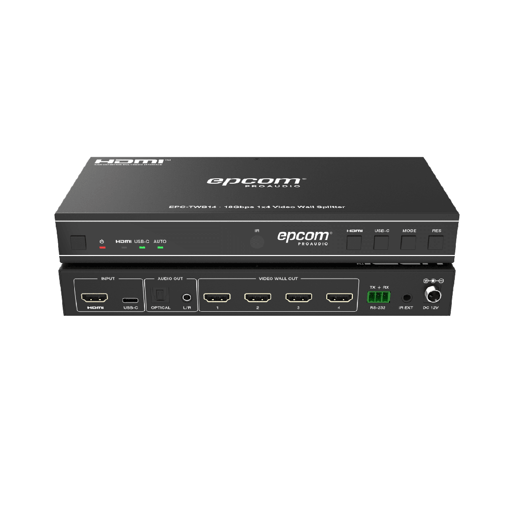 [EPC-TWB14] EPC-TWB14 Videowall 4K 1x4 | HDMI & USB-C | 8 Modos de Visualización | Audio Óptico/Analógico | Control RS-232/IR | Plug & Play