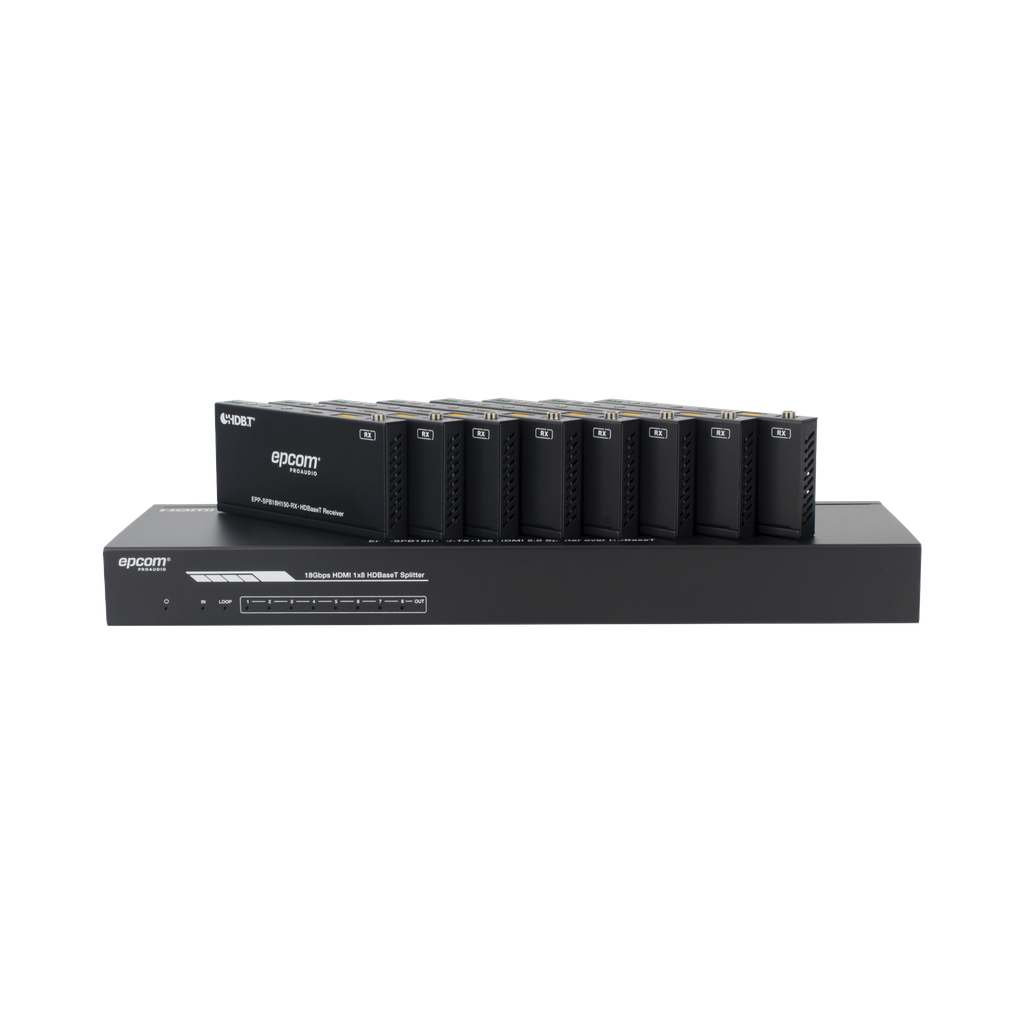 [EPP-SPB18H150] Splitter mas Extensor de Video | 1x8 | ProAV | HDBaseT? | 120m en 4K@60Hz | 150m en 1080p@60Hz | Cat6/6a/7 | Gestión Avanzada EDID | Control IR y RS232 | PoC | Salida de Audio
