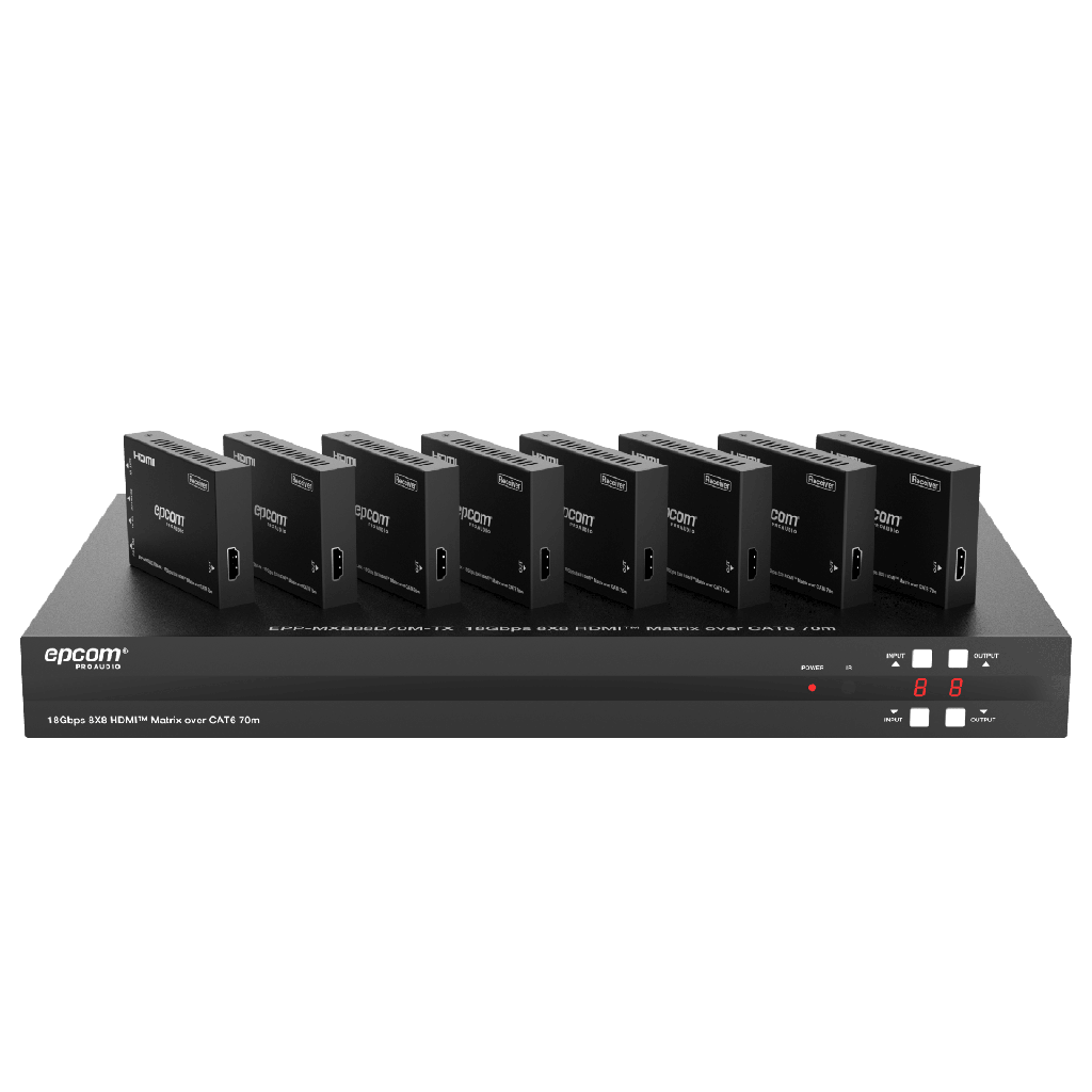 [EPP-MXB88D70M] EPP-MXB88D70M Matriz HDMI 8x8 | 4K@60Hz 4:4:4 | 8 Salidas HDMI + 8 CAT | Extensión hasta 70 m | Audio HD | Control IR/LAN/RS-232/Web GUI