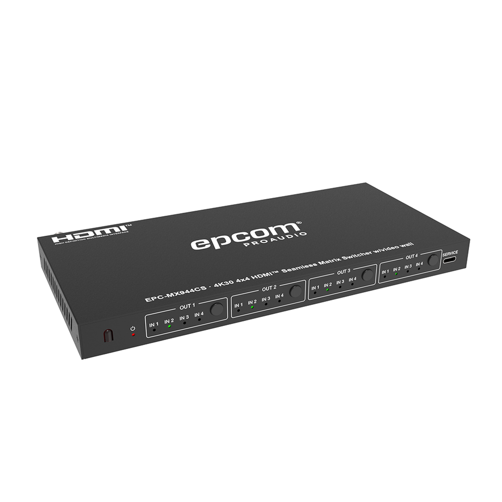 [EPC-MX944CS] EPC-MX944CS Matriz de Video HDMI 4x4 | Ancho de Banda 10.2 Gbps | Resolución 4K@30Hz | Escalado a 1080P, 720P, 1920x1200, 4K30 | Modos Matriz y Video Wall | Control RS-232 y Remoto Infrared