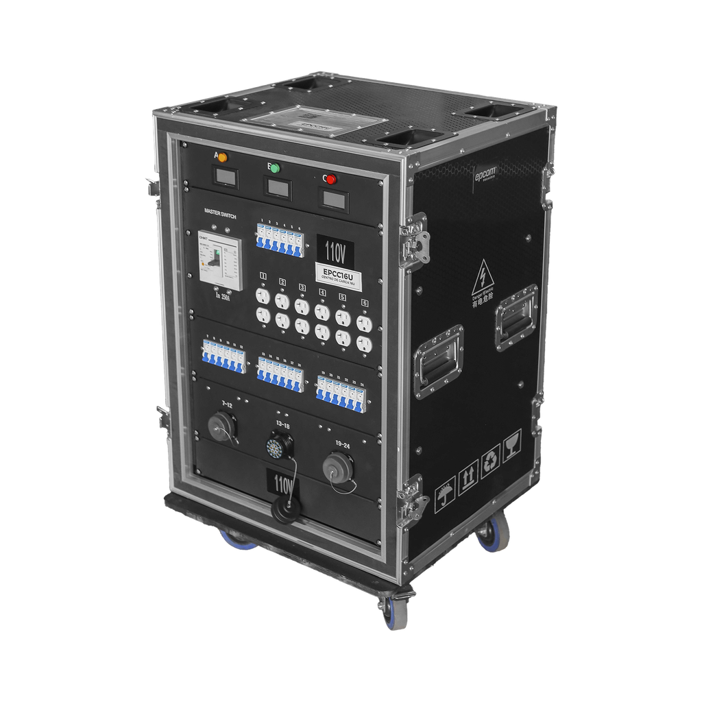 [EP-CC-16U] EP-CC-16U Centro de carga movil para instalaciones temporales con conexión TIPO socapex a 110v Y 220V | RACK 16U