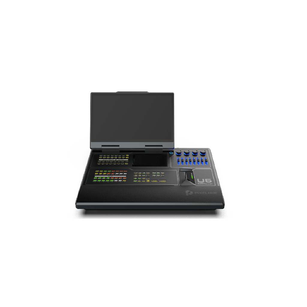 Controlador de Eventos Compacto U5 / Pantalla Táctil Principal 21.5 / Pantalla Inteligente 8 / 87 Botones LCD Programables / 4 Encoders y 8 Faders / Control MIDI y KVM / Diseño Plegable / Software PixelFlow / HDMI 2.0 / 12G-SDI /