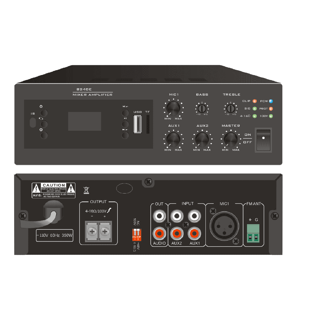 [EP-B240E] Amplificador Digital Mini MP3 con Bluetooth | 240W | Entrada XLR Micrófono 48V | 2 Entradas RCA | USB y TF Card | FM Radio | Control Remoto | Protección contra Cortocircuito y Sobrecarga