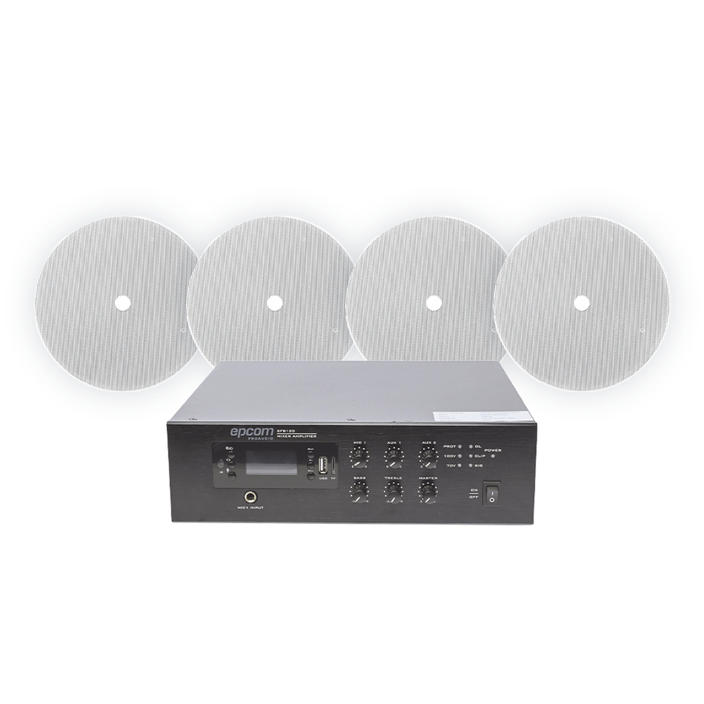 SFB120/4CST KIT de Amplificador de 120W para Escritorio | 4 Altavoces 6 | Montaje en Techo | 20W | 70/100V