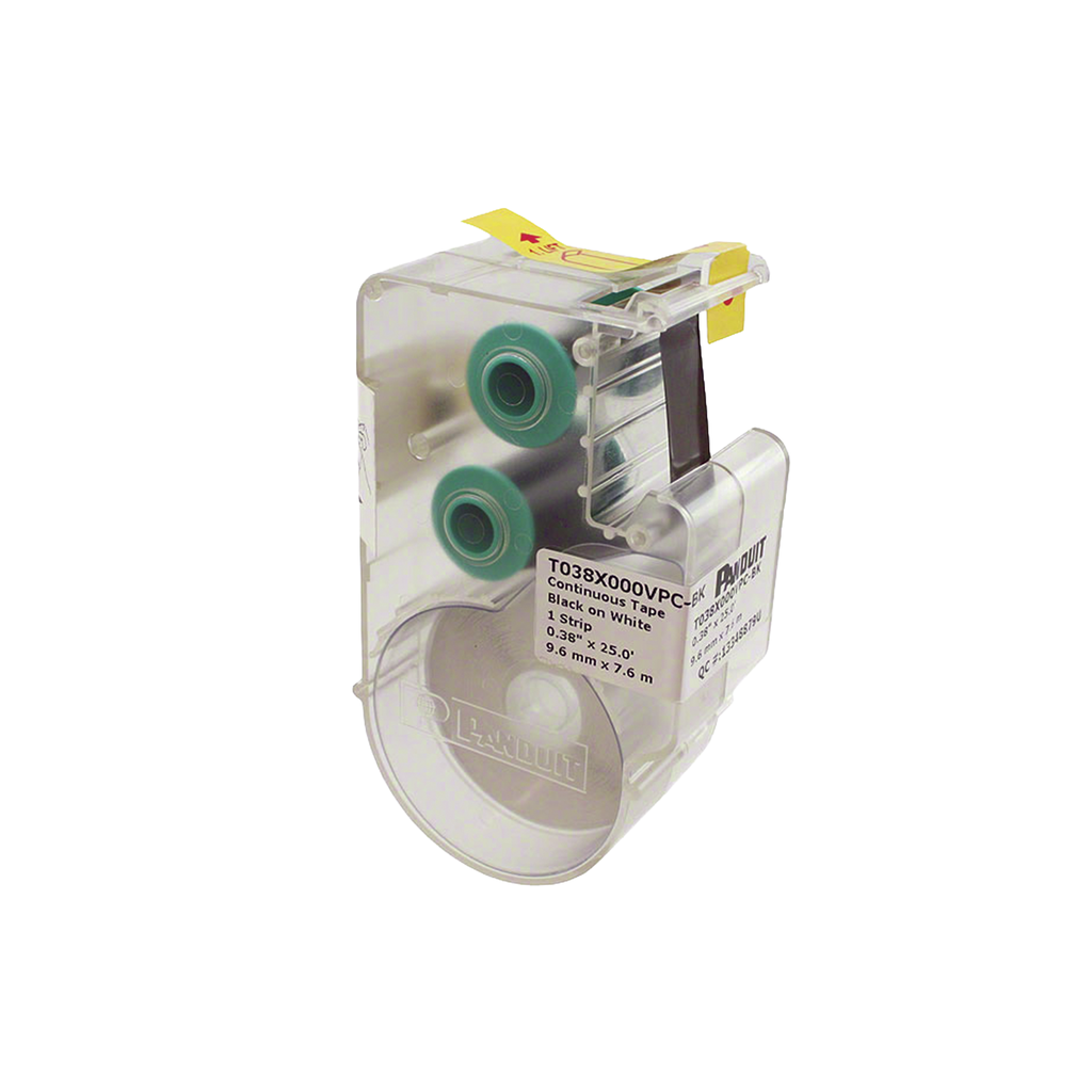 [T038X000VPC-BK] Casete de Etiquetas de Vinilo de Cinta Continua, Color Negro Sobre Blanco, Uso Interior/Exterior, 9.65 mm de Ancho x 7.6 Metros de Largo