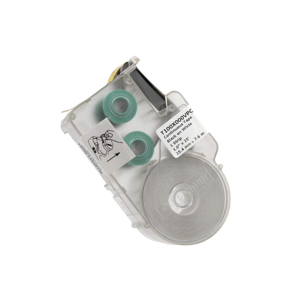 [T100X000VPC-BK] Casete de Etiquetas de Vinilo de Cinta Continua, Color Negro Sobre Blanco, Uso Interior/Exterior, 25.4 mm de Ancho x 7.6 Metros de largo