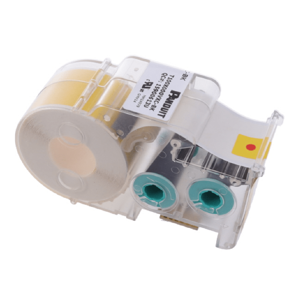 [T100X000VXC-BK] Casete de Etiquetas de Vinilo de Cinta Continua, Color Negro Sobre Amarillo, Uso Interior/Exterior, 25.4 mm de Ancho x 7.6 Metros de largo