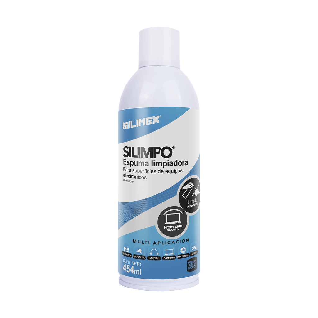 [SILIMPO] Espuma limpiadora para todo tipo de superficies plásticas y metálicas de sistemas de vídeo, audio, telefonía y equipo de computo, contiene protectores de rayos UV, 454 ml