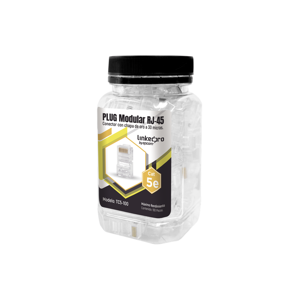 Bote con 100 Piezas de Plug Modular RJ45 Cat5e sin blindaje, chapado de oro a 30 micras para durabilidad extrema